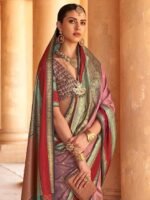 Women's Woven Design Peacock Print Silk Blend Saree with Unstitched Blouse Piece