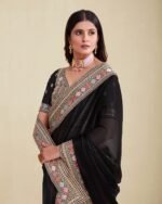 Women Embroidered Saree with Contrast Border - Image 7